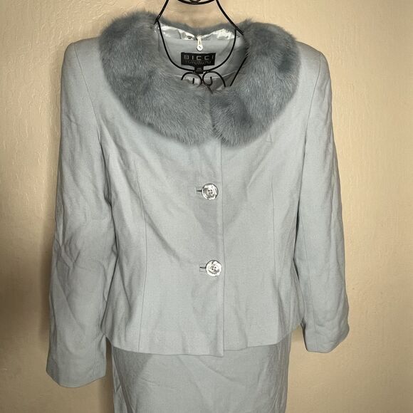 BICCI Florine Wachter Blue Wool Mink Collar  Skirt Suit Womens Size 14 ALTERED - Picture 2 of 16